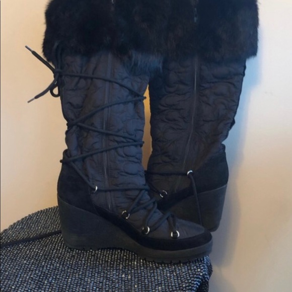 COACH SOFIE Rabbit Fur Trim Monogram, Knee High Platform Snow Boots, Black, Sz 8 - Picture 3 of 8